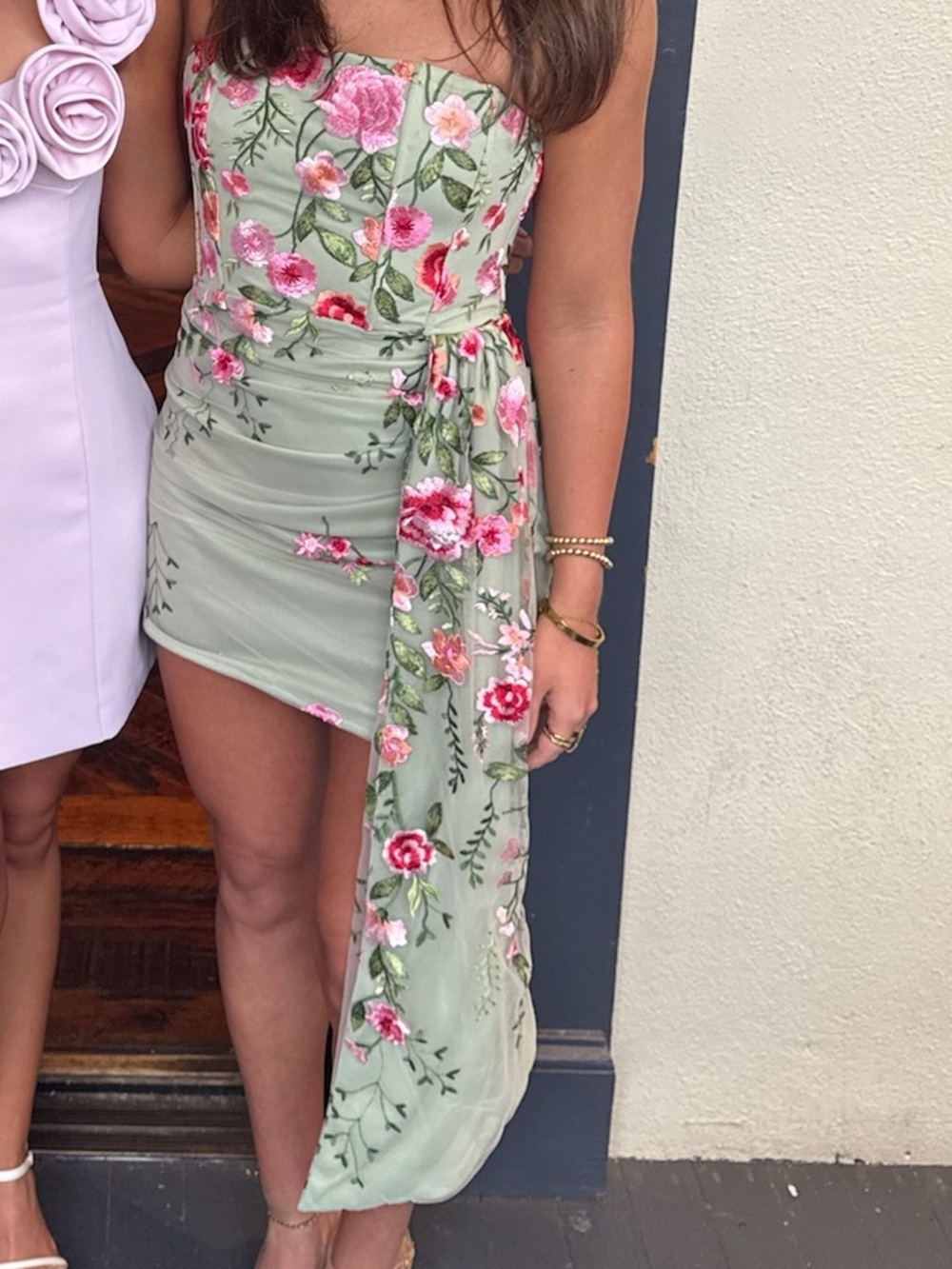 Lulu's Sage Green Floral Asymmetrical Strapless Mini Dress